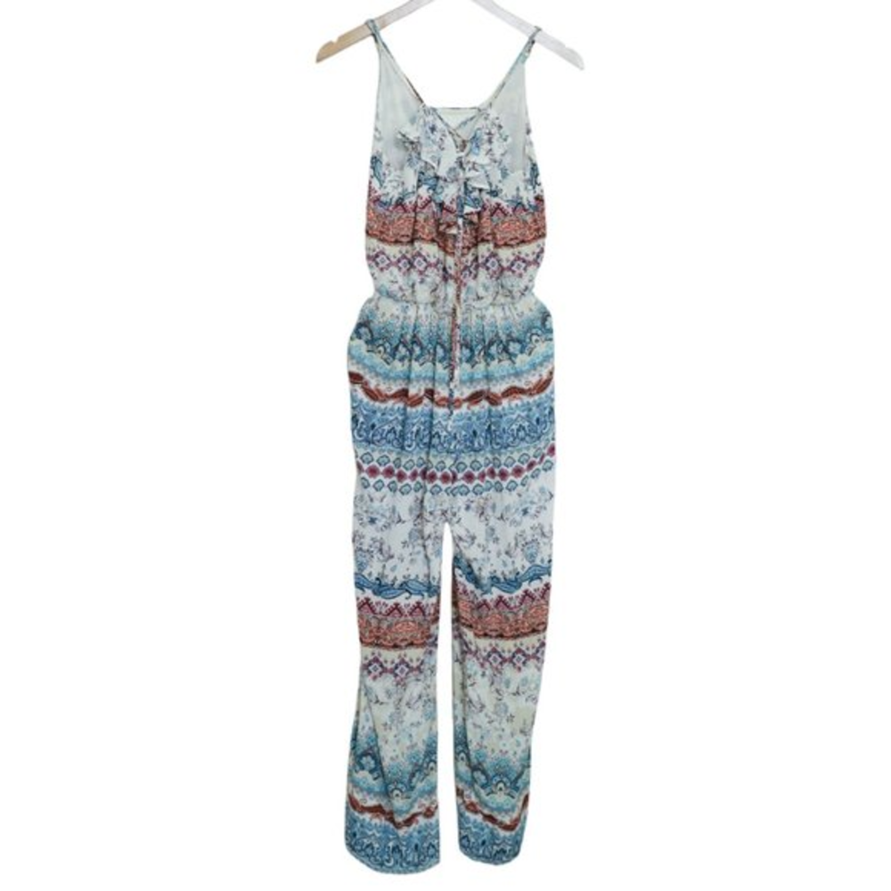 BOSTON PROPER Boho Print Tie Front Ruffle Bodice Pant W/ Pockets Jumpsuit Size 4